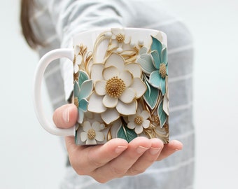 3D White Teal Flowers Mug, White Floral Mug, Wedding Mug Design, Floral Mug PNG, 3D Mug,11oz,15oz Mug Sublimation Wrap, Digital Download