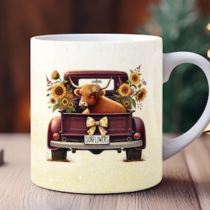 Sunflower Highland Cow Mug Wrap PNG, 11oz & 15oz Sublimation Mug Design, Floral Country Coffee Cup Wrap, Instant Digital Download