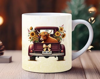 Sunflower Highland Cow Mug Wrap: Farmhouse Coffee Cup Design (Digital Download)