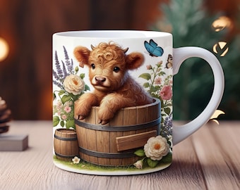 Baby Highland Cow Mug Wrap: 3D Floral Design (Digital Download)