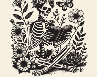 Floral Gothic Skeleton Reading Book: Sublimation Design (PNG SVG PDF)