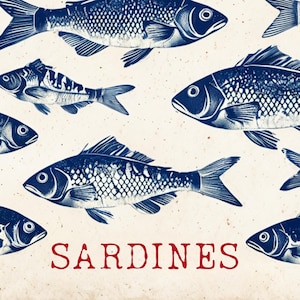 May include: A vintage illustration of blue sardines on a white background with the word "SARDINES" in red text.