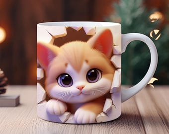 3D Kitten Hole In A Wall Mug Wrap, Cute Cat Mug Wrap Sublimation Design PNG, 11oz and 15oz Coffee Cup Template, 3D Cute Cat Mug Press Design