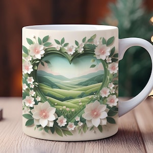 3D Spring Love Heart Hole In A Wall Mug Wrap 11oz & 15oz Mug Template, Mug Sublimation Design Mug Wrap Template PNG Instant Digital Download