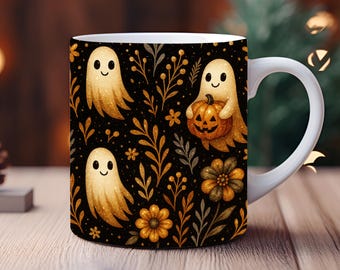 Envoltorio de taza con fantasma brillante, taza de café con flores espeluznantes (descarga digital)