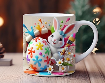 3D Sublimation Mug Wrap, Easter Bunny & Egg Coffee Cup Design, Hole in Wall Motif, Funny Mug, 15 oz Mug Design PNG, 11 oz Mug Commercial Use