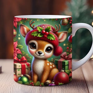 3D Christmas Mug Wrap Sublimation Designs 11 oz & 15 oz Coffee Mug Wrap PNG Deer Christmas Coffee Mug Digital Download