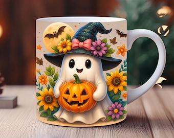 Floral Halloween Ghost Mug Wrap, Spooky Coffee Cup Design (Digital Download)