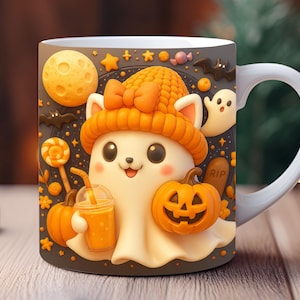 Spooky Ghost Mug Wrap PNG: 3D Inflated Halloween Design (Digital Download)