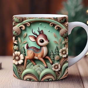 3D Inflated Effect Deer Mug Wrap, 11oz & 15oz Mug Sublimation Design, PNG Template Instant Digital Download, Personalized Gift Mug Wrap