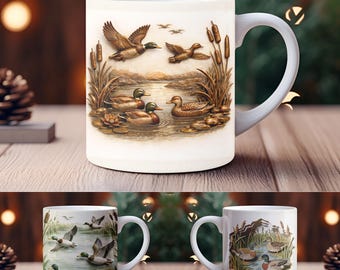 Paquete de 3 tazas PNG con diseño de pato real 3D, diseños de sublimación vintage de humedales