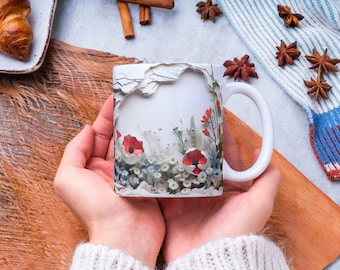 Diseño de taza floral 3D: Flores rojas y mariposas (descarga digital)