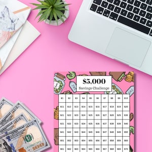 May include: A pink and white printable savings challenge chart with a cartoon piggy bank and money bag. The chart is titled "$5,000 Savings Challenge" and has a grid of numbers from 1 to 70.