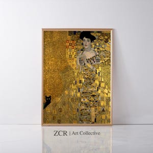 Impression de portrait de dame Gustav Klimt, affiche de chat noir Klimt, art de chat noir, impression d&#39;art or, impression de chat drôle, cadeau drôle, affiche de décoration intérieure ZCR