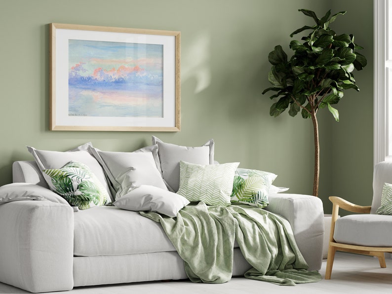 Vintage Pastoral Cloud Print Pastel Pink Watercolor Sunset Sky Print