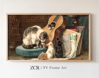 Samsung Frame TV Art, Vintage Kittens Music Room Painting (Digital Download)