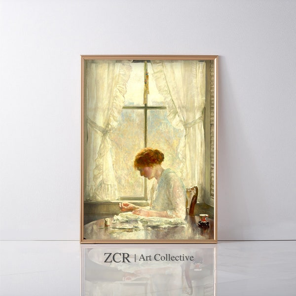 Lady in White Next to a Window, Classic Oil Painting, Light Aesthetic Vintage Wall Art | Printable Art | Remastered 19th Century Art | ZCR |