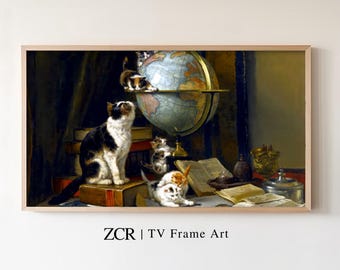 Vintage Cats and Globe Painting, Samsung Frame TV Art (Digital Download)