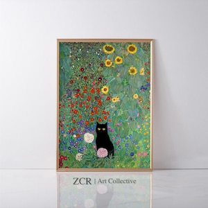 Gustav Klimt tuinkat print, Klimt bloemen kat poster, zwarte kat kunst, bloemenprint, grappige kat print, grappig cadeau, Home decor poster ZCR