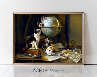地球儀で遊ぶ猫の絵画、ヴィンテージ猫の壁アート、デジタル