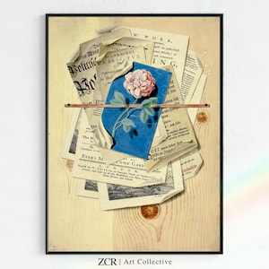 Collage Art Pink Rose and News Clippings on Wooden Surface, Vintage Collage Poster, Mixed Media Wall Art, vintage art, Printable Poster Art