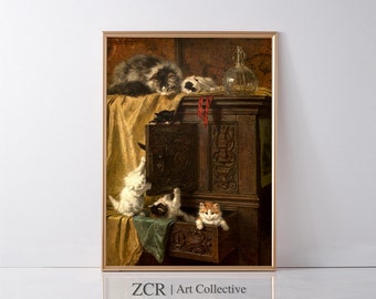 Vintage Kitten Art Print, Cats in Drawer Painting (Digital Download)