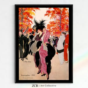 Könnte beinhalten: Eine Vintage-Magazin-Coverillustration mit zwei Frauen in eleganten Kleidern und Hüten, die durch einen Park mit Herbstlaub spazieren. Der Covertext lautet "September 1913, Preis 15 Cents".