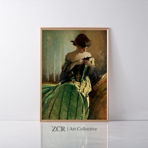 Lady Portrait Painting Vintage Dress Fashion Woman Fashionable Gown Green Oil Painting Dress Artwork Beautiful Woman | Printable Art | ZCR |