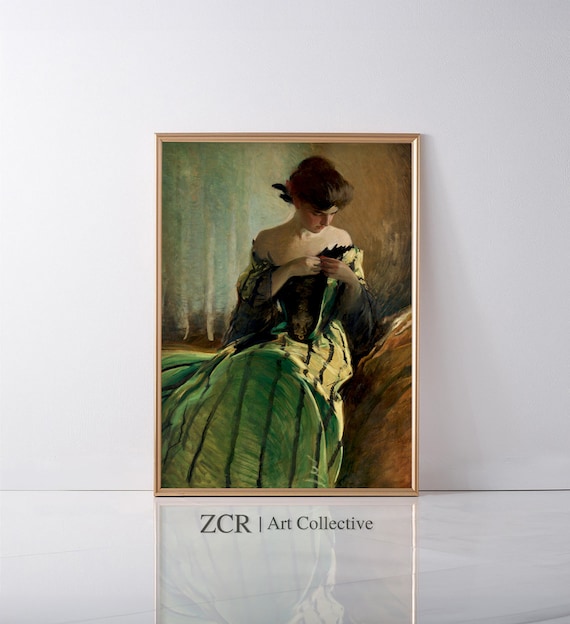 slim fit dress slacks Petal Whisper – Figurative Oil Painting of Woman in Green Dress with Flowers main image 1