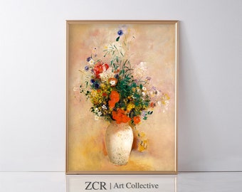 Vintage Floral Bouquet Art Print | Farmhouse Vase Painting (Digital Download)