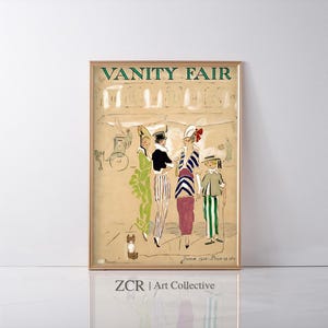 Op de afbeelding: Een vintage Vanity Fair-magazinecover uit juni 1916 met een groep mensen in stijlvolle kleding. De cover is geïllustreerd in een kleurrijke, grillige stijl met een lichte achtergrond.