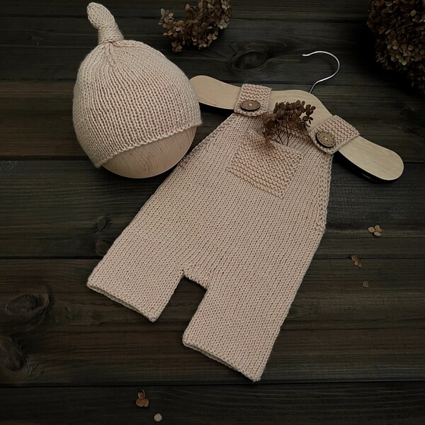 Baby Boy Knitted Jumpsuit Newborn Jumpsuit Beige Newborn Outfit Newborn Bonnet Baby Photo Props Newborn Suspender Pants Maternity Gift