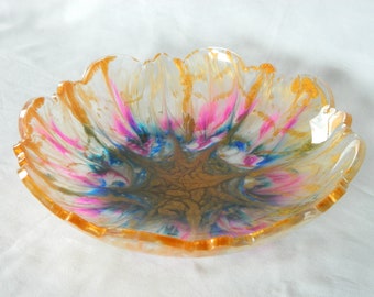 Large Gold Blue Fuchsia Bowl, Floral Design, Handcrafted Serving Bowl, Kitchen Centerpiece, Artistic Serving Dish, Colorful Kitchen Decor