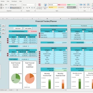 Op de afbeelding: Een spreadsheet met een blauwe achtergrond en een titel die "Financial Tracker/Planner" luidt. De spreadsheet is verdeeld in secties voor inkomsten, uitgaven en een financiële samenvatting. Er zijn ook grafieken en diagrammen om de gegevens te visualiseren.