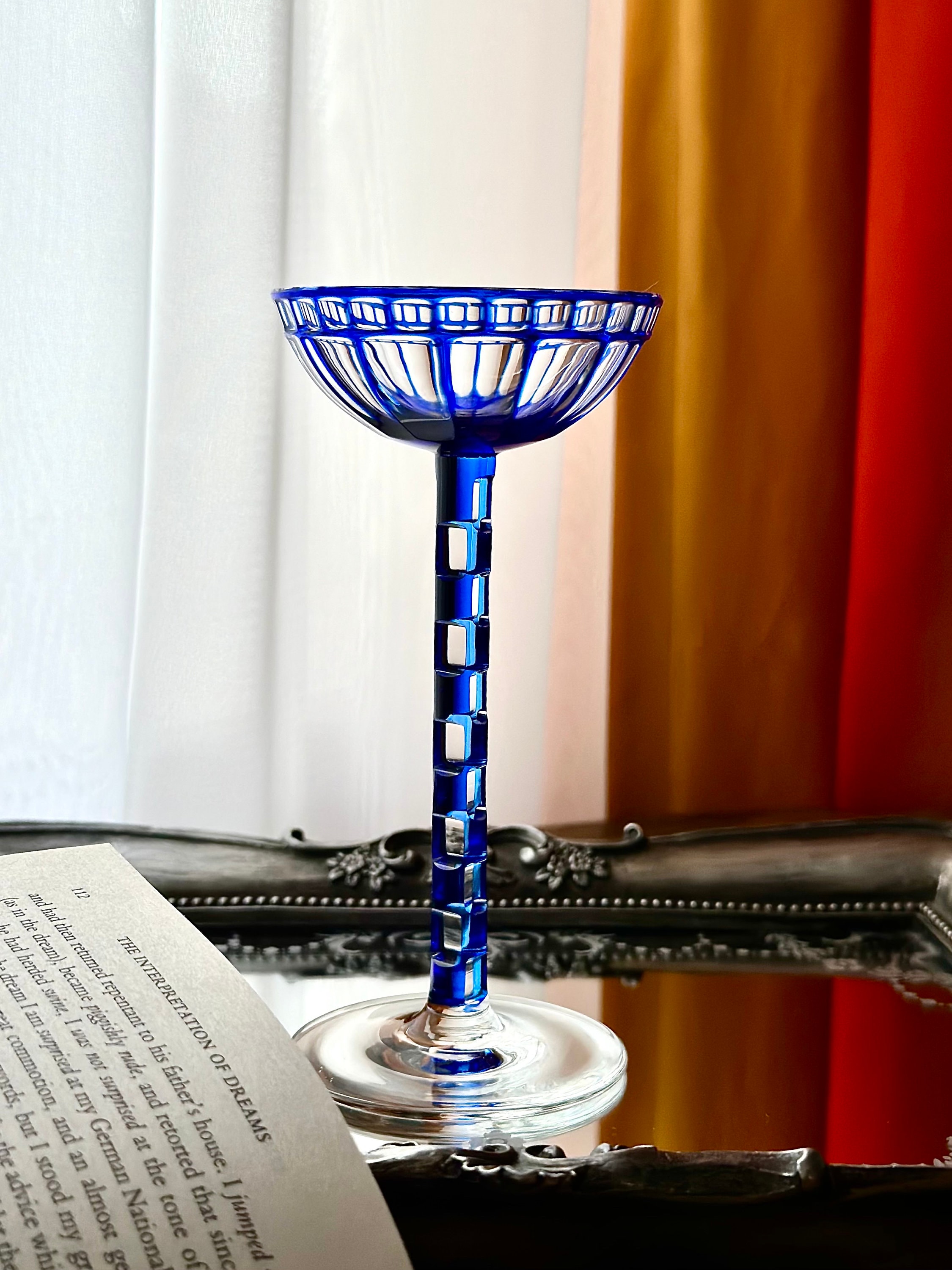 ⛰GlasFliesenmalerei 【Novembertag】 M.Horn 1908 Otto Prutscher Blue Sweet Wine Glass for Meyr's Neffe