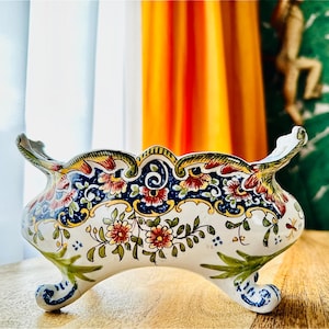 Early 20th Century Rouen Desvres Faience Planter – Hand-Painted Antique French Floral Bowl (Marked St. Brielle, 9 cm x 8 cm)