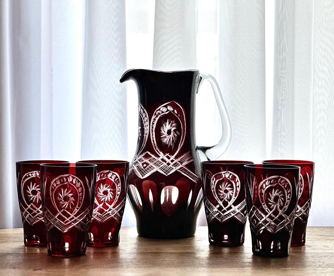 Vintage Bohemian Ruby Red Cut Crystal Pitcher Set: Mid-Century