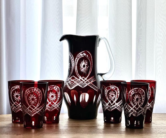 Vintage Bohemian Ruby Red Cut Crystal Pitcher Set: Mid Vintage Bohemian Ruby Red Cut Crystal Pitcher Set: Mid