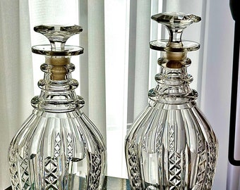 Pair of Georgian Glass Decanters - Prussian Form, Diamond Cut with Fluted Shoulders & Faceted Mushroom Stoppers - c.1830-1835