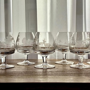 Set of 7 Bohemian Wildlife Etched Brandy Snifters, Marked G.W. , Vintage Hand Blown Cognac Glasses, Elegant Crystal Barware