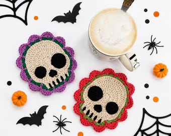 Halloween Skull Flower Coaster Crochet Pattern PDF, Gothic Floral Mug Rug, Day of the Dead Coaster, Spooky Crochet Decor, Skull Cup Mat
