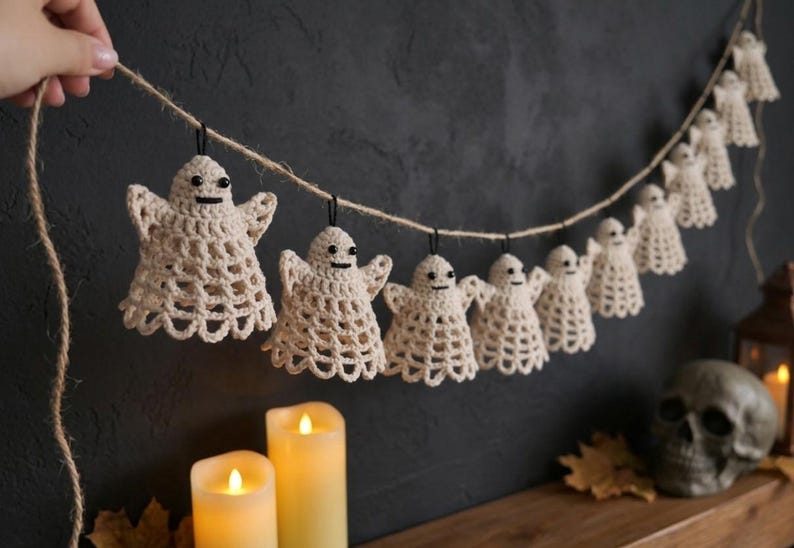 May include: A garland featuring a series of small, off-white crocheted ghost figures suspended from a length of natural jute twine. Each ghost has a bell-shaped body with an openwork pattern, small black bead eyes, and a stitched horizontal mouth.