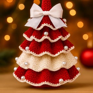 May include: A handcrafted Christmas tree decoration. The tree is red and cream-colored, crocheted with a layered design. It is adorned with white pearls and a white bow at the top. The background is blurred with bokeh lights.