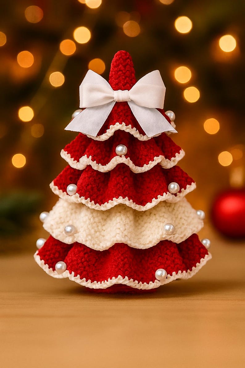 May include: A handcrafted Christmas tree decoration. The tree is red and cream-colored, crocheted with a layered design. It is adorned with white pearls and a white bow at the top. The background is blurred with bokeh lights.