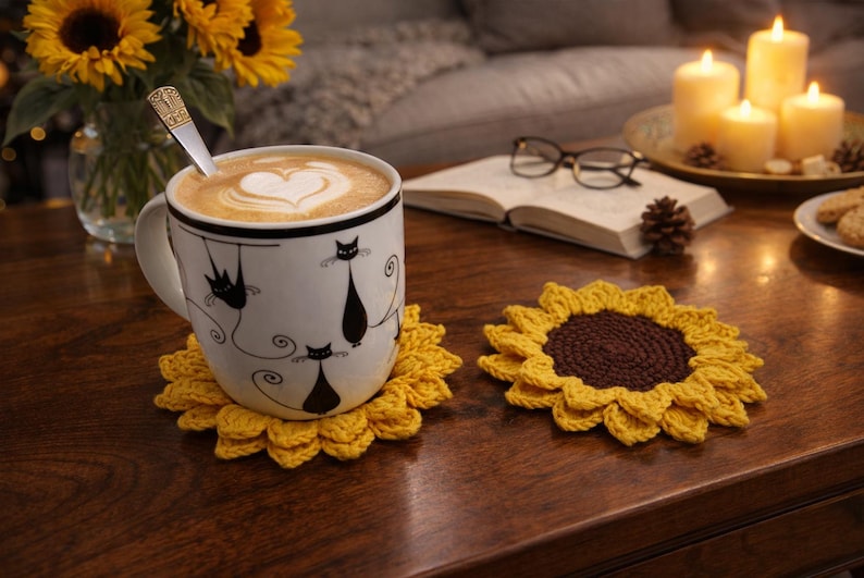 May include: A white mug with black cat illustrations, filled with coffee and a heart-shaped design in the foam, sits on a yellow crochet sunflower coaster. Another sunflower coaster is next to it. A vase of sunflowers and candles are in the background.