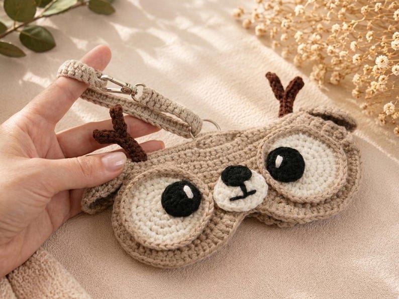 May include: A crocheted sleep mask in the shape of a deer, featuring large, round eyes with black pupils and a small black nose. The mask is beige with brown antlers and a matching strap with a metal clasp.