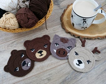 Crochet Coaster Pattern: Forest Animals - Bear, Beaver, Boar, Deer (PDF in English)