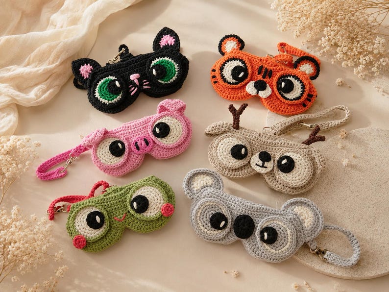 May include: A collection of six handmade crochet eyeglass cases in various animal designs. The cases feature cat, tiger, pig, deer, frog, and koala faces with large, expressive eyes. Each case has a matching strap and zipper closure, showcasing a playful and colorful aesthetic.