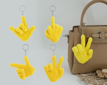 Patrón PDF para llavero de mano de ganchillo, dije de gesto flexible, dije para bolso amigurumi, símbolo de la paz, Rock On, dedo medio