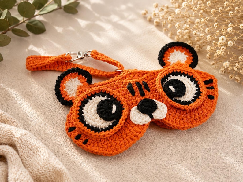 May include: An orange crochet eyeglass case shaped like a tiger's face, featuring black and white details for the eyes, nose, and ears. The case has a matching strap with a silver clasp. The case is handmade.